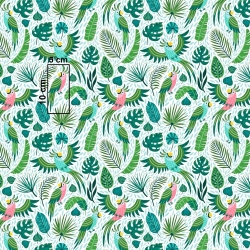 Baumwolle 100% Papageien grün-rosa auf grünen Blättern  