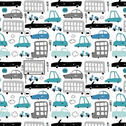 Baumwolle 100% grau-türkisfarbene Autos auf weißem Hintergrund  