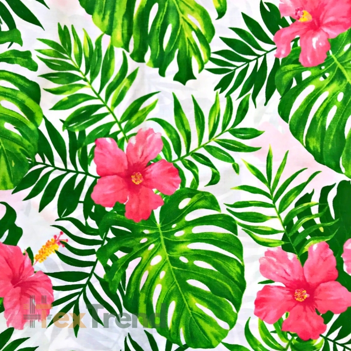 100% Baumwolle rosa Hibiskus mit grünen Blättern auf weißem Hintergrund 220cm  