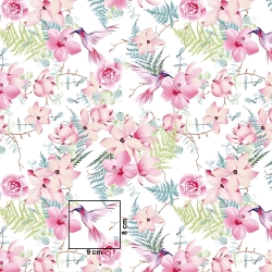 Baumwolle 100% rosa Blumen mit Kolibris auf weißem Hintergrund 220cm  