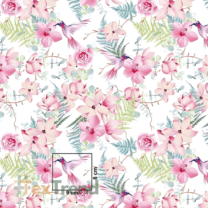 Baumwolle 100% rosa Blumen mit Kolibris auf weißem Hintergrund 220cm  