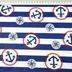 Baumwolle 100% maritime Räder auf blau-weißen Streifen  