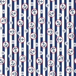 Baumwolle 100% maritime Räder auf blau-weißen Streifen  