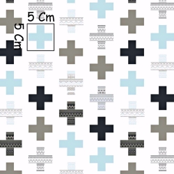 Baumwolle 100% gemusterte Pluszeichen grau-türkis auf weißem Hintergrund  