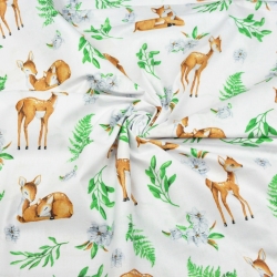 Baumwolle 100% Reh mit Blättern auf weißem Hintergrund  