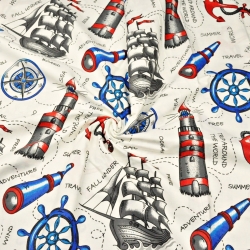 Baumwolle 100% maritime Schiffe und Fernrohre auf ecrufarbenem Hintergrund  