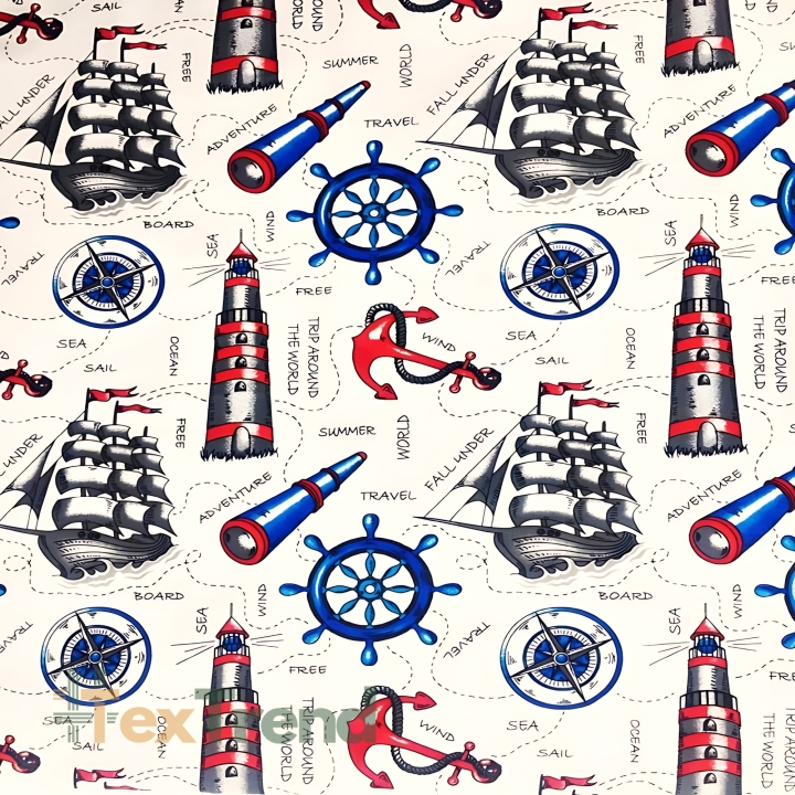Baumwolle 100% maritime Schiffe und Fernrohre auf ecrufarbenem Hintergrund  