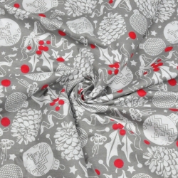 Baumwolle 100% Weihnachtsmuster Tannenzapfen weiße Kugeln auf grauem Hintergrund  