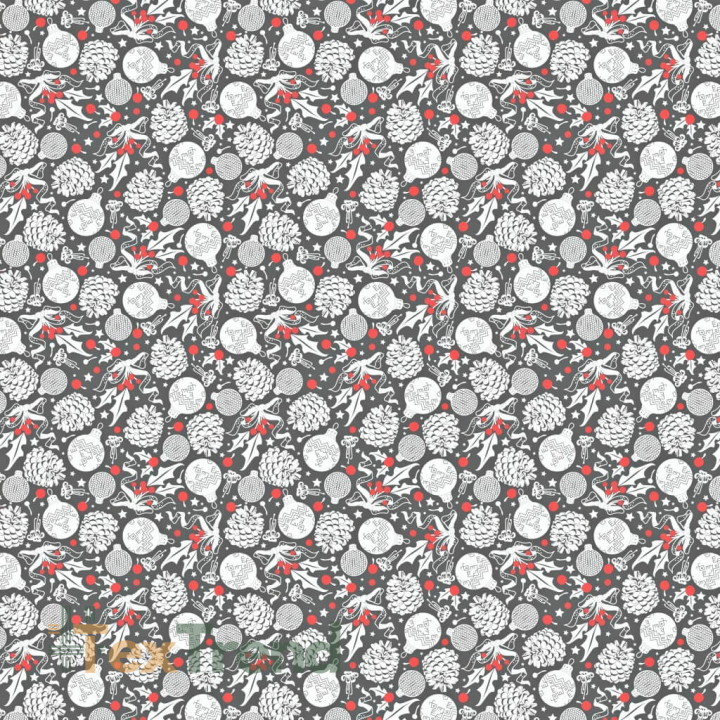 Baumwolle 100% Weihnachtsmuster Tannenzapfen weiße Kugeln auf grauem Hintergrund  
