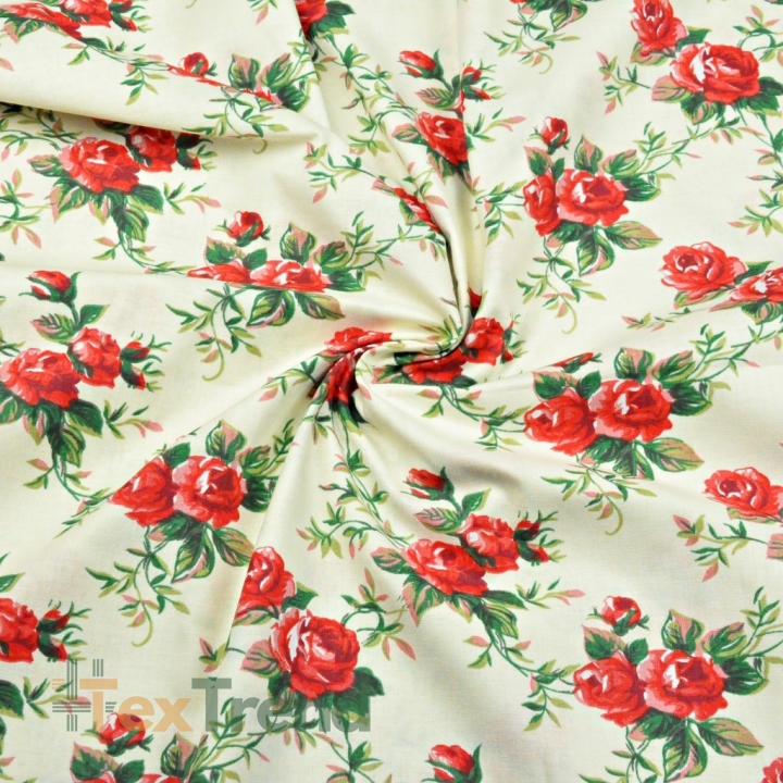 Baumwolle 100% Rosenblüten rot auf ecrufarbenem Hintergrund  