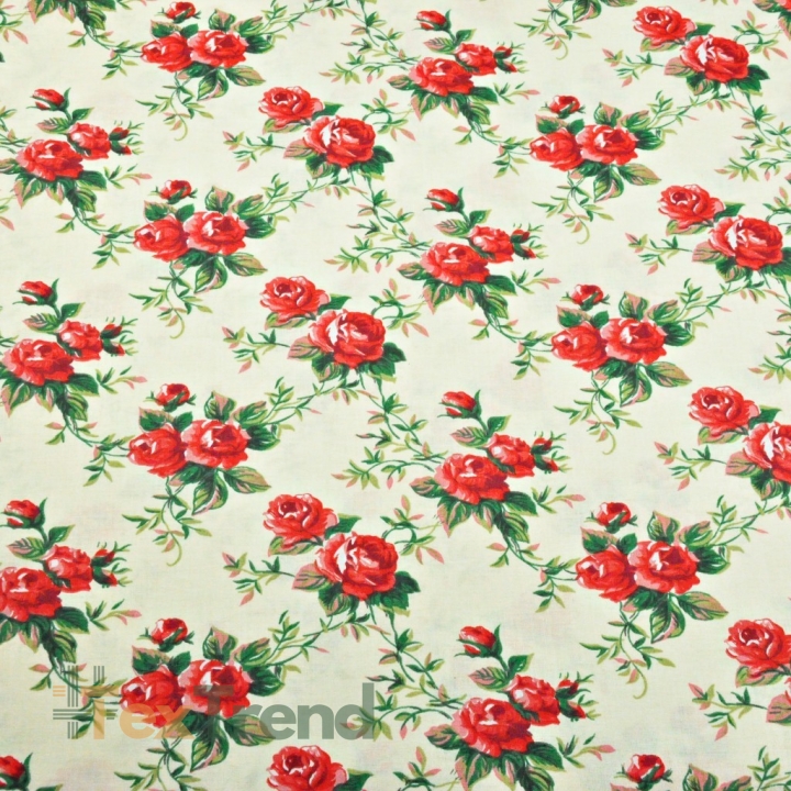 Baumwolle 100% Rosenblüten rot auf ecrufarbenem Hintergrund  