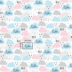 Baumwolle 100% Wolken hello blau-grau-rosa auf weißem Hintergrund  
