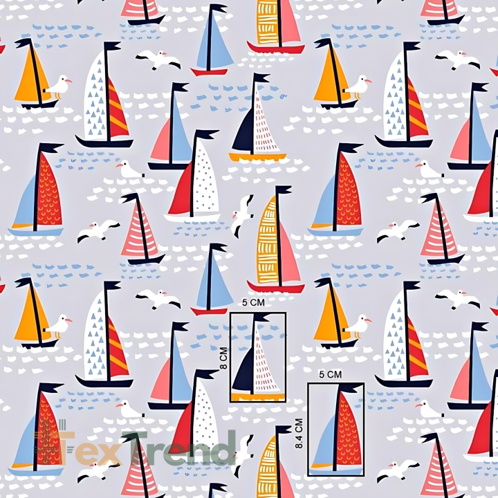 Baumwolle 100% bunte Segelboote auf grauem Hintergrund  