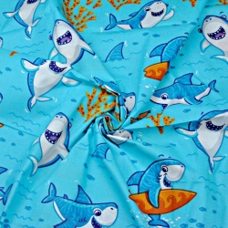 Baumwolle 100% Haie auf türkisfarbenem Hintergrund  