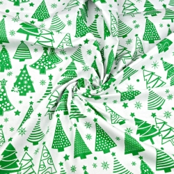 Baumwolle 100% Weihnachtsmuster Tannenbäume mit Kugeln grün auf weißem Hintergrund  