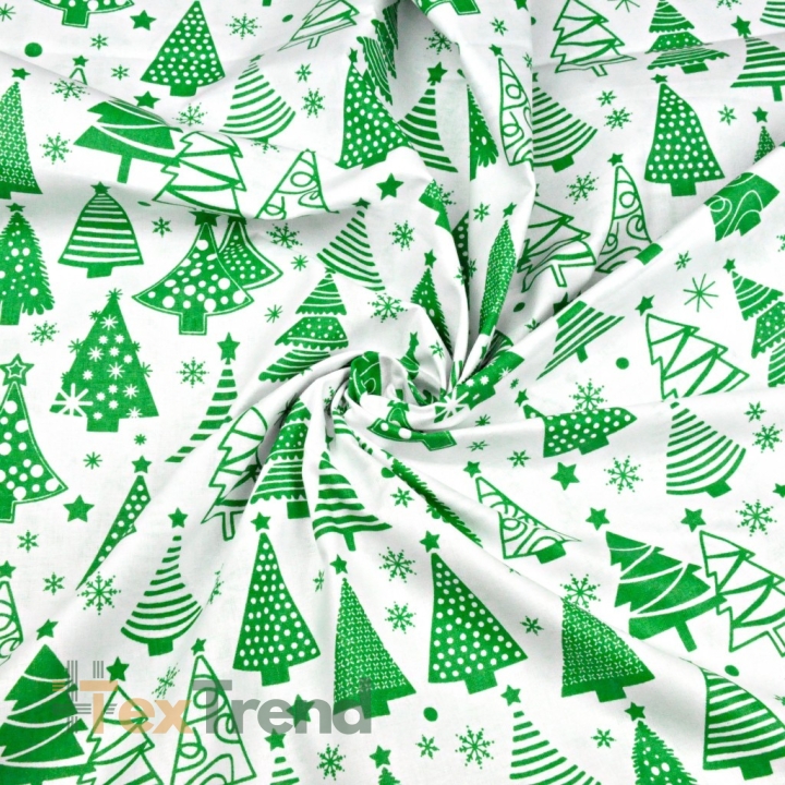 Baumwolle 100% Weihnachtsmuster Tannenbäume mit Kugeln grün auf weißem Hintergrund  