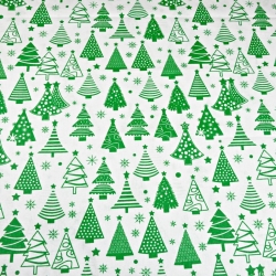 Baumwolle 100% Weihnachtsmuster Tannenbäume mit Kugeln grün auf weißem Hintergrund  