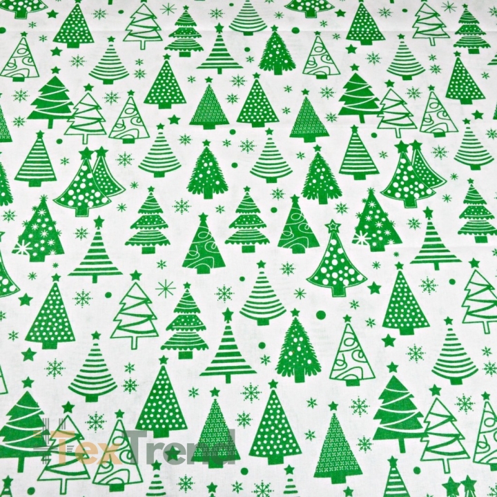 Baumwolle 100% Weihnachtsmuster Tannenbäume mit Kugeln grün auf weißem Hintergrund  