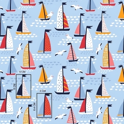 Baumwolle 100% bunte Segelboote auf blauem Hintergrund  