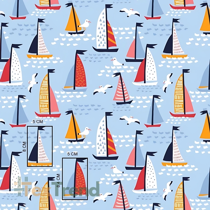 Baumwolle 100% bunte Segelboote auf blauem Hintergrund  