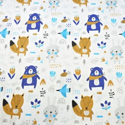 Baumwolle 100% Tiere auf der Wiese navy-beige auf weißem Hintergrund  