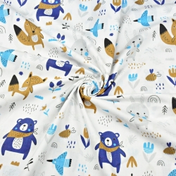 Baumwolle 100% Tiere auf der Wiese navy-beige auf weißem Hintergrund  