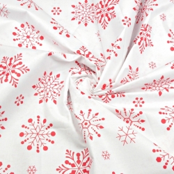 Baumwolle 100% Weihnachtsmuster große Schneeflocken rot auf weißem Hintergrund  