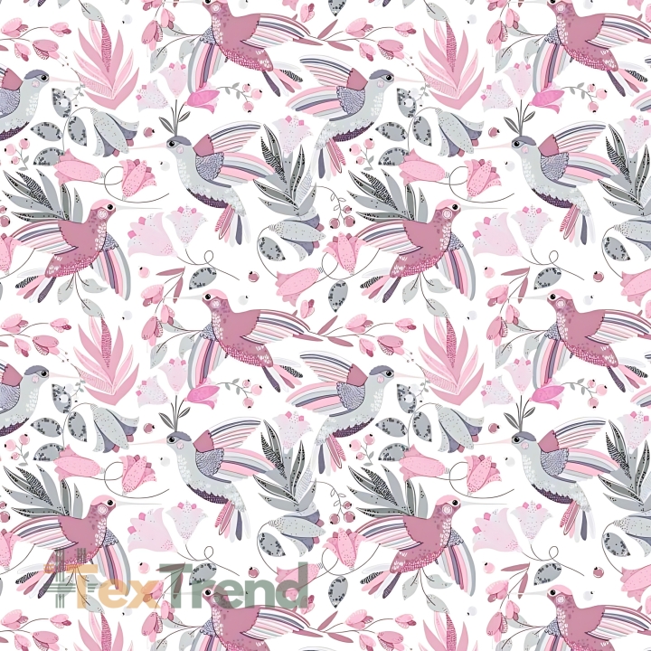 Baumwolle 100% Kolibris grau-rosa auf weißem Hintergrund  