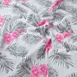 Baumwoll-Musselin rosa Orchidee mit Blättern auf weißem Hintergrund  