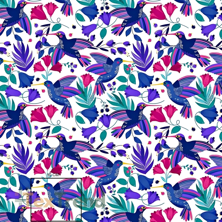 Baumwolle 100% Kolibris saphir-rosa auf weißem Hintergrund  