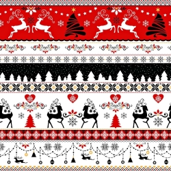 Baumwolle 100% Weihnachtsmuster Rehe schwarz-rot auf weißem Hintergrund  