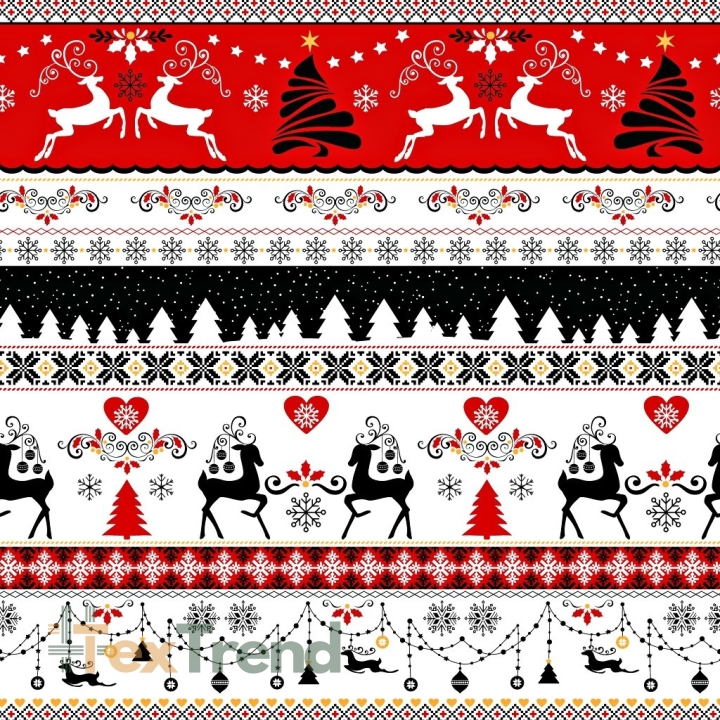 Baumwolle 100% Weihnachtsmuster Rehe schwarz-rot auf weißem Hintergrund  