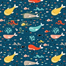 Baumwolle 100% bunte Wale auf dunkelblau-grünem Hintergrund  
