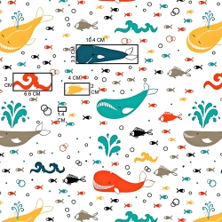 Baumwolle 100% bunte Wale auf weißem Hintergrund  