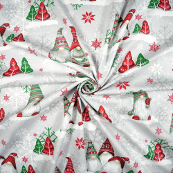 Baumwolle 100% Weihnachtsmuster Wichtel grün-rot mit Rentier auf grauem Hintergrund  