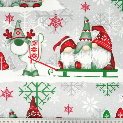 Baumwolle 100% Weihnachtsmuster Wichtel grün-rot mit Rentier auf grauem Hintergrund  