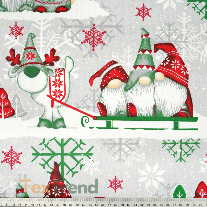 Baumwolle 100% Weihnachtsmuster Wichtel grün-rot mit Rentier auf grauem Hintergrund  