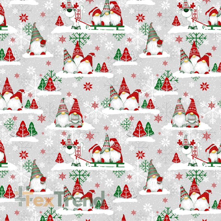 Baumwolle 100% Weihnachtsmuster Wichtel grün-rot mit Rentier auf grauem Hintergrund  