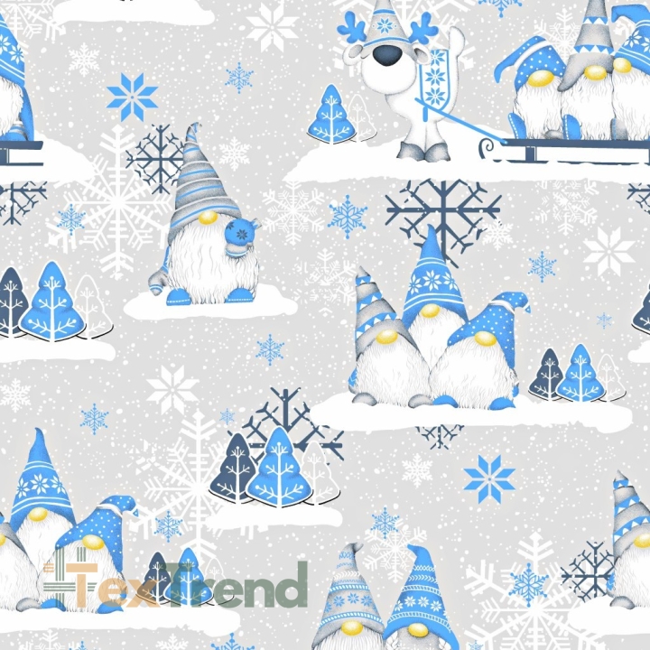 Baumwolle 100% Weihnachtsmuster Wichtel blau mit Rentier auf grauem Hintergrund  
