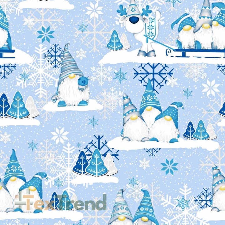 Baumwolle 100% Weihnachtsmuster Wichtel blau mit Rentier auf blauem Hintergrund  