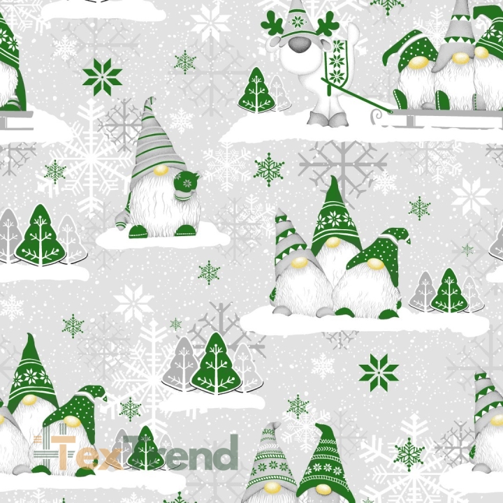 Baumwolle 100% Weihnachtsmuster Wichtel grün mit Rentier auf grauem Hintergrund  