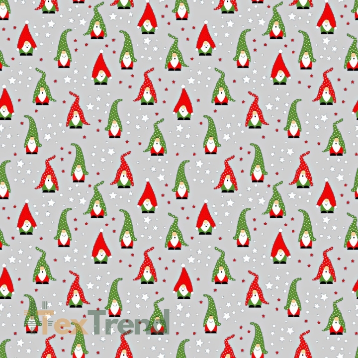 Baumwolle 100% Weihnachtsmuster Wichtel auf hellgrauem Hintergrund  