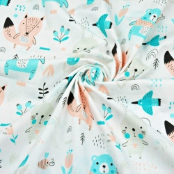 Baumwolle 100% Tiere auf der Wiese aprikosen-minze auf weißem Hintergrund  