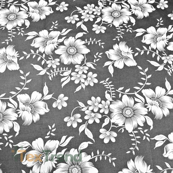 Baumwolle 100% mit weißen Blumen auf grauem Hintergrund  