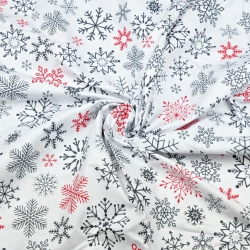 Baumwolle 100% Weihnachtsmuster Schneeflocken rot-grafit auf weißem Hintergrund  