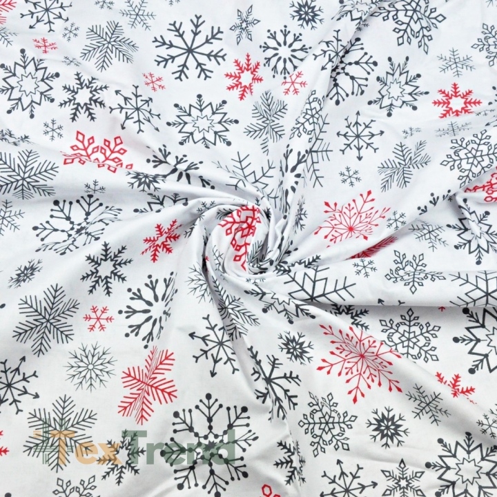 Baumwolle 100% Weihnachtsmuster Schneeflocken rot-grafit auf weißem Hintergrund  