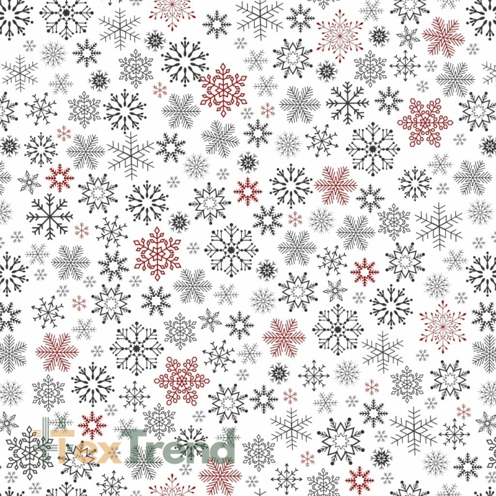 Baumwolle 100% Weihnachtsmuster Schneeflocken rot-grafit auf weißem Hintergrund  