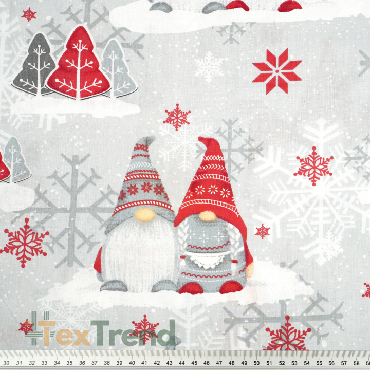 Baumwolle 100% Weihnachtsmuster Wichtel mit Rentier rot auf grauem Hintergrund  