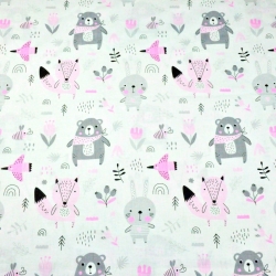 Baumwolle 100% mit Tieren auf der Wiese in rosa-grau auf weißem Hintergrund  