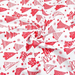 Baumwolle 100% Weihnachtsmuster Weihnachtsbäume mit roten Kugeln auf weißem Hintergrund  